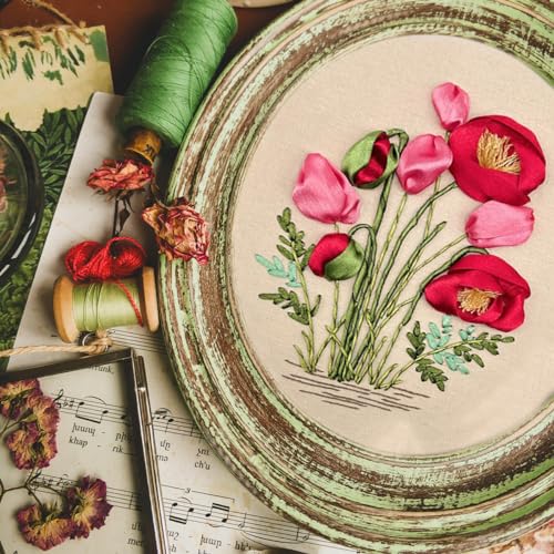 Image of FONNUY Ribbon Embroidery 3D Flowers Pattern Design Kit Embroidery DIY Handwork Set Oval Home Decoration (Red Rose)