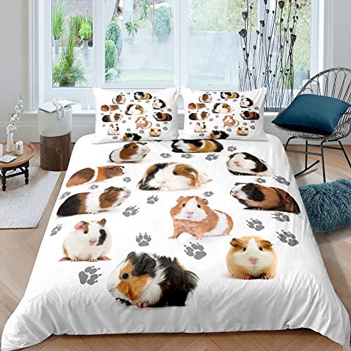 feelingyou Guinea Pig Comforter Cover Set Cute Guinea Pig and Footprint Decor Duvet Cover Cute Animal Bedding Set 2pcs for Kids Soft Polyester Quilt Cover with 1 Pillow Case(No Comforter) Single Size