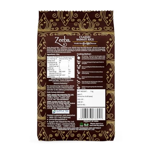 Image of Zeeba Classic Basmati Rice 1 Kg, Raw & Naturally Aged for 2 years, Extra Long Grains (Cooked length upto 27mm*) (Pack of 3)