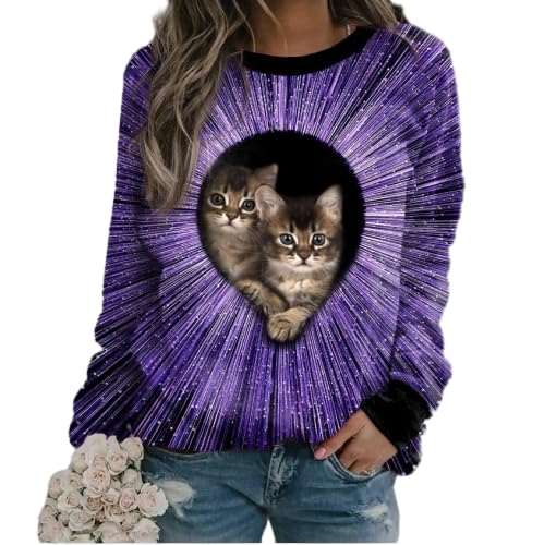 - Women's 3D Cat Print Sweatshirt Round Neck Long Sleeve Loose Casual Pullover for Daily Wear Lounge Street Style