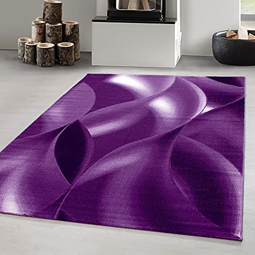 Carpetsale24 Teppich Wohnzimmer Abstrakten Wellen Mustern Lila Meliert 140 x 200 cm - Kurzflor...