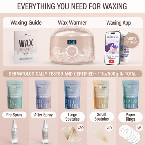 Image of Tress Wellness Award Winning Waxing Kit for Sensitive Skin - Safe for Face & Skin, Easy to Use - At-Home Kit for Face, Bikini, Brazilian & Full Body - Digital Display, Dusty Peach