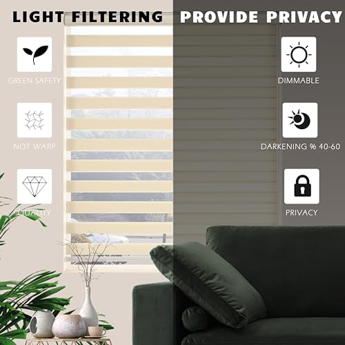 Zebra Blinds for Windows, Free-Stop Zebra Shades, Dual Layer Light Filtering Sheer Blinds for Indoor Windows, Roller Window Shades for Privacy (40 W X 72 H, Cream)