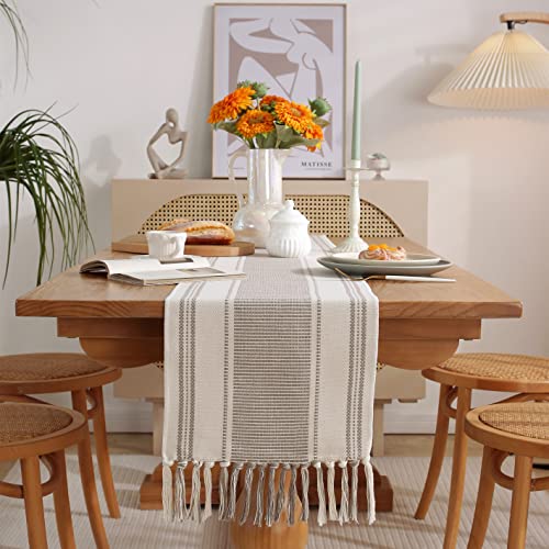 Caflife Boho Table Runner Natural Stripe For Modern Farmhouse Coffee Table Decor, Rustic Woven Runner With Handcrafted Tassels For Home Dining Table Décor 13 X 72 Inch Long, Beige And Lvory #TOP4
