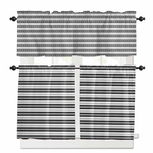 Boho Black Stripe Kitchen Curtains 24 Inch Length,3 Piece Rod Pocket Small Half Tiers and Valance Set,Abstract Geometric White Minimalist Small Large Window Treatment Decor for Bedroom/Bathroom Sink