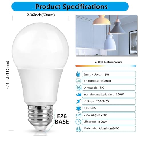 Rmmoimm A19 LED Light Bulbs 100W Equivalent 13W 4000K Soft White 1300 Lumens, Non-Dimmable, E26 Base Energy Efficient 15000Hour Lifespan for Bedroom Living Room Office - image 2