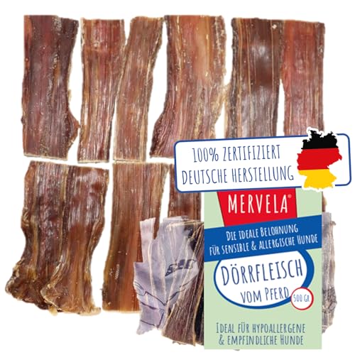 MERVELA® Natürliches Pferde-Dörrfleisch für Hunde | Hypoallergen | 100% Pferd | schonend luftgetrocknet | getreidefrei | Premium-Kausnack aus Deutschland | 500 g