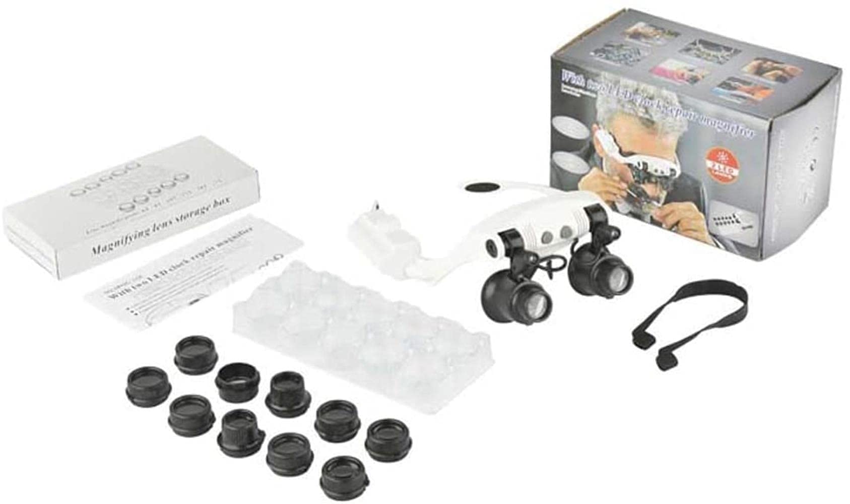 Lupa portátil Lupa de Montaje en Cabeza, Lupa de Diadema Lupas Intercambiables con 2 Luces LED 4 Lentes Desmontables para, Lectura, reparación electrónica de Relojes