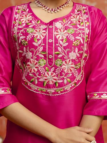 Image of VredeVogel Women's Silk Blend Embroidered Kurta Pant Set with Jacquard Dupatta | Modern & Traditional Blend Ethnic Wear Set