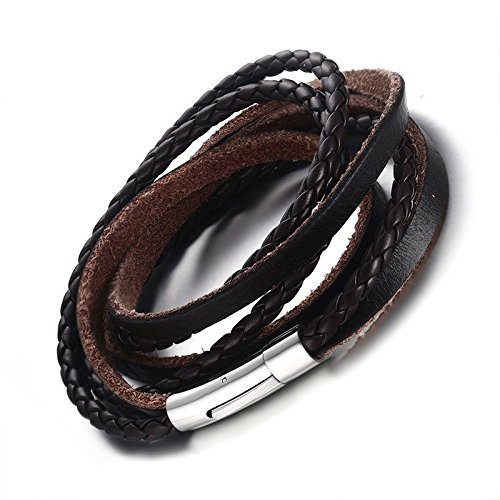 Asma Jewel House Braided Brown Genuine Leather Rope Woven Wrap with Magnet Clasp Cuff Bracelet for Men
