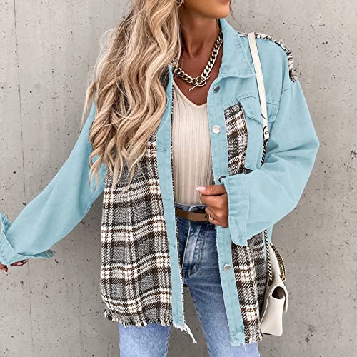 Amikadom Jaqueta feminina outono inverno manga longa denim gráfico xadrez vaqueira jaquetas Shacket