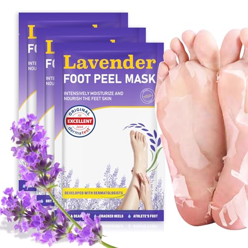 Mascarilla Exfoliante 3 Pares: Mascarilla Pies Dermatológicamente Probada, Repara los Talones y Elimina Piel Seca y Muerta Pies Suaves, Mascarilla Exfoliante Pies Secos y Agrietados, Lavanda