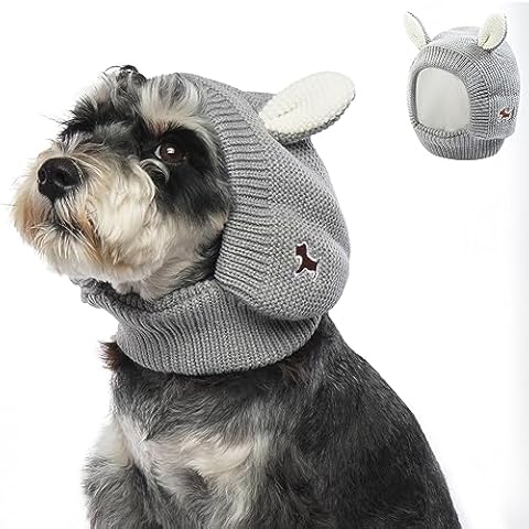 FUAMEY Dog Ear Muffs,Pet Neck Ear Warmer for Winter Knitted Dog Cap for Anxiety Calm Down Soft Dog Hat Ear Wrap Cover Noise Protection Fireworks Thunder Cute Puppy Fleece Snood Dog Costume Grey Cover