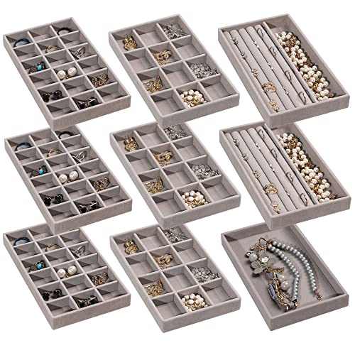 Frebeauty Jewelry Organizer Tray,Stackable Velvet Jewelry Trays,Drawer Inserts Earring Organizer For Women Jewelry Storage Display Case for Rings Stud Necklaces,Set of 9(Grey)