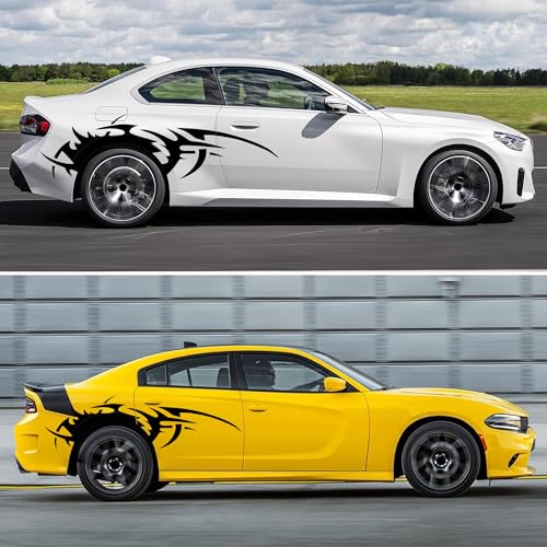 Image of TOMALL 2Pcs 66'' Flame Graphics Stickers Car Body Side Skirt Decals Racing Sport Stripe Decals for Car Universal Vinyl Waterproof Large Decal Decoration for Truck Off-Road Vehicles Accessories (Black)