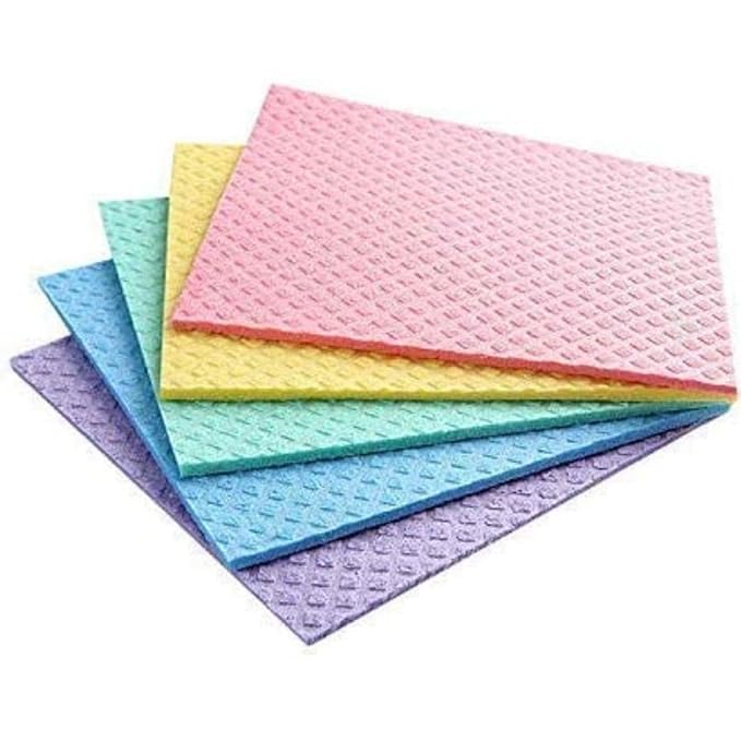 Vvaashi Kitchen Sponge Wipes with 1 pcs Free Wooden Rice Spoon Reusable Sponge Wipes for Kitchen Cleaning, Shelf, Counters, Stove & Kitchen Crockery Multicolor Wipes Set of 5 (18x20 cm)
