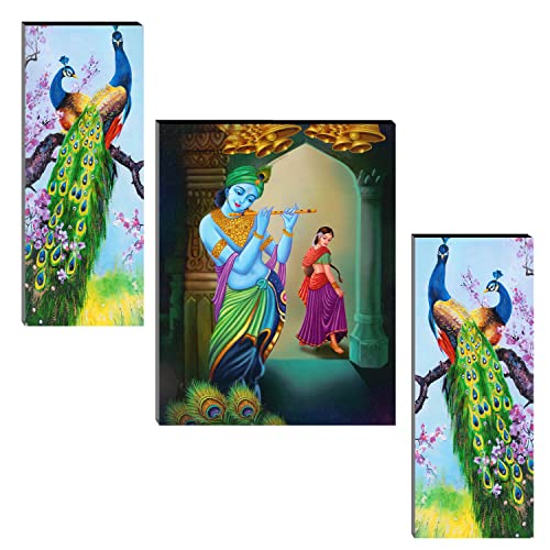Image of Indianara Set of 3 Abstract Radha Krishna with Peacock MDF Art Painting (3821FL) without glass 4.5 X 12, 9 X 12, 4.5 X 12 INCH