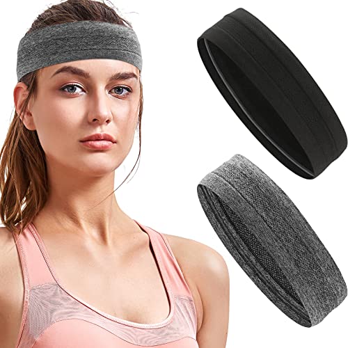 2 Piezas Diademas Deportivas Elástico Cinta Pelo Deporte Absorbente Bandas de Cabeza Unisex Diadema Silicona Antideslizante para Tenis Trotar Correr Fútbol Entrenamiento Yoga Fitness, Negro y Gris