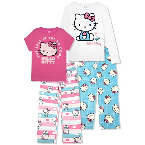 Hello Kitty Girls Pajama Pants and Sleep Shirt Sets 4 Piece PJ Top and Bottom Sleepwear Set for Girls Pajamas for Kids Pink Blue