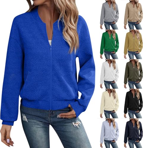 Womens Bomber Jacket Lightweight Cropped Zip Up Fall Jackets Casual Coat Outerwear Textured Windbreaker with Pockets
