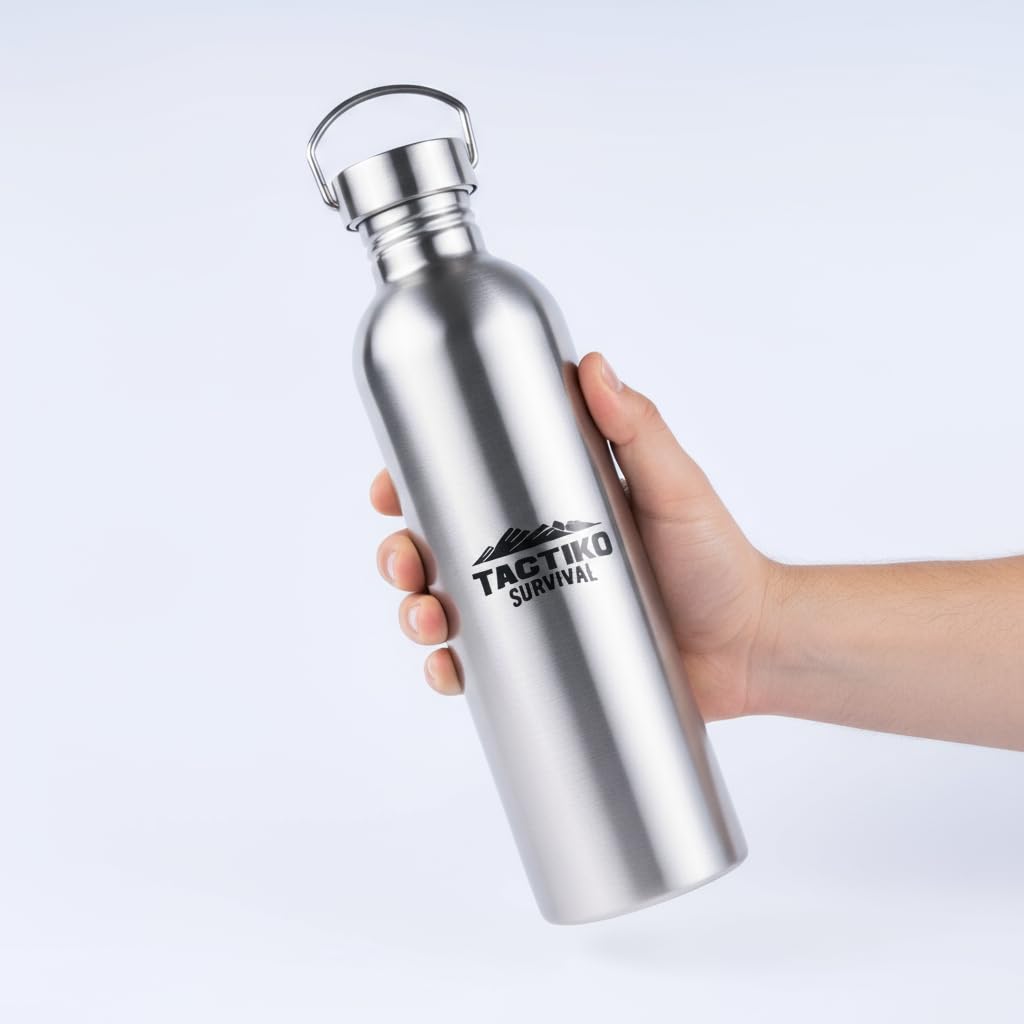 Tactiko Survival 1,445.8 g/1500ml Edelstahl Weithals-Trinkflasche, einwandig, kochfest, auslaufsicher, BPA-frei, mit Tragetasche und Gurt für Camping, Wandern, Outdoor-Vorbereitung (Schwarz)