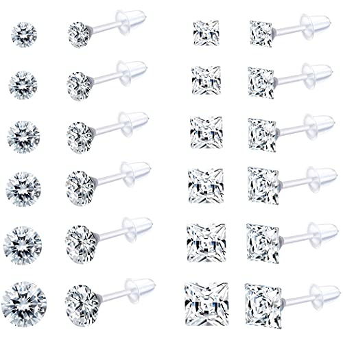 EIELO 12Pairs Clear Plastic CZ Studs Earrings for Women Men Acrylic Post Hypoallergenic Stud Earring Round Square CZ Rhinestone Ear Studs Piercing Retainers