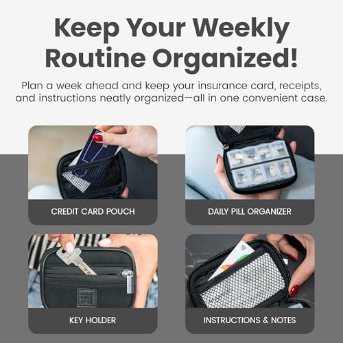 Image of Made Easy Kit Pill Case - Weekly Medicine Organizer with Removable Seven-Day Vitamin & Supplement Box - Premium Neoprene for Travel Purse Accessory (Black)