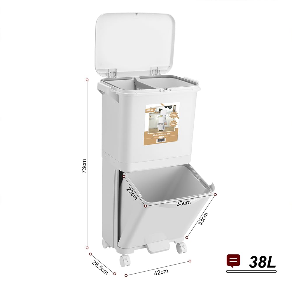 BAKAJI Cubo de basura de cocina con capacidad de 38 litros, doble cubo que ahorra espacio para separación de basura, basura para recogida diferenciada, 1 cajón abatible, 42 x 28,5 x 73 cm (38 litros)