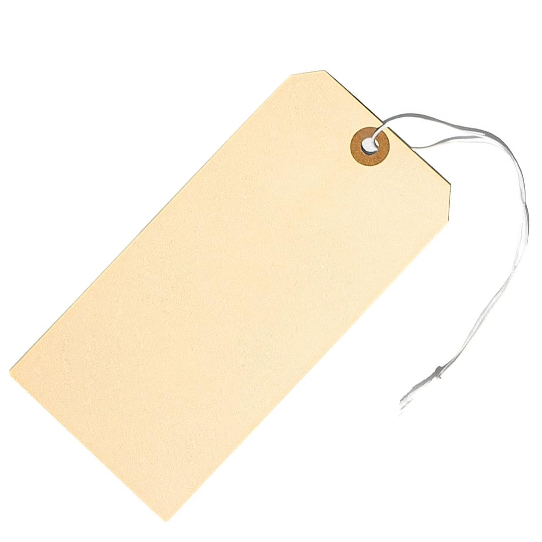 100 Large Tags with Elastic String Attached - # 8, 6 1/4" x 3 1/8" - Big Shipping Tags with Elastic String Loop and Reinforced Hole, Tie On Labels