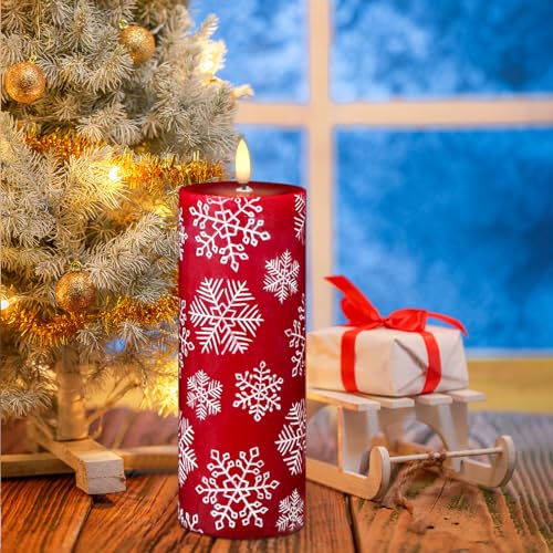 Image of Wondise Christmas Flameless Candles with 6hrs Timer, Snowflakes Battery Operated Flameless Flickering Red Candles with 3D Wick Real Wax LED Candles for Christmas Holiday Indoor Decoration(2.6 inchx7.8 inch)
