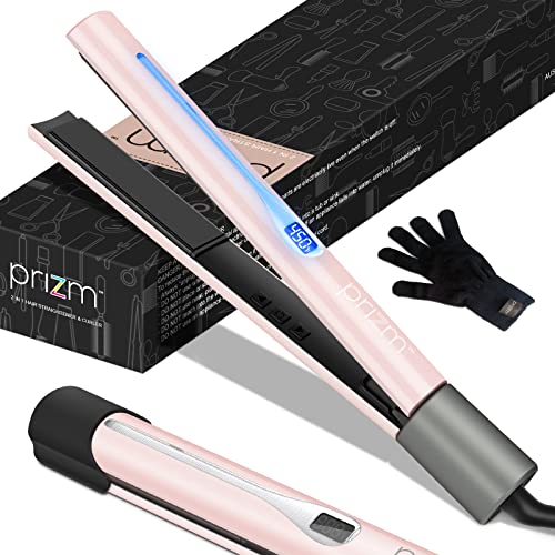 Prizm Professional 2 in 1 Straightener and Curling Iron (1”), Nano Ceramic Tourmaline Styling Flat Iron, 3D Floating Plates & Adjustable Temperature, Pink
