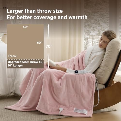 Image of Bedsure Heated Blanket Throw XL, Electric Blanket with Preheat, Light Pink