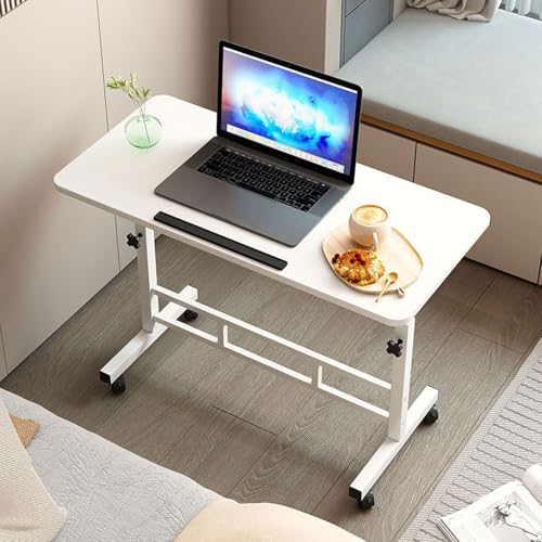 Mesa plegable de altura ajustable de 65 a 87 cm, escritorio móvil para portátil con 4 ruedas universales, mesa auxiliar multifuncional para cama, sofá, café o comedor (blanco, 80 x 40 cm)