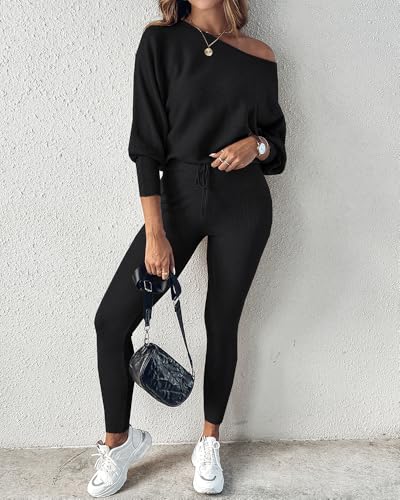 CHICME 2 Piece Lounge Outfit 2025 Long Sleeve Knit Pullover Tops Drawstring Pants Set Tracksuit Sweatsuit2