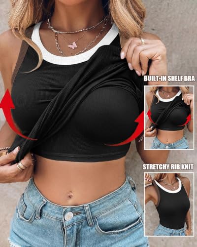 Image of CHICME Womens Sleeveless Ribbed Built in Bra Tank Tops | Color-Block, Crewneck Padded Racerback Shirts, Slim Fit, High Stretch Fabric, Casual Basic Tank for Going Out & Layering