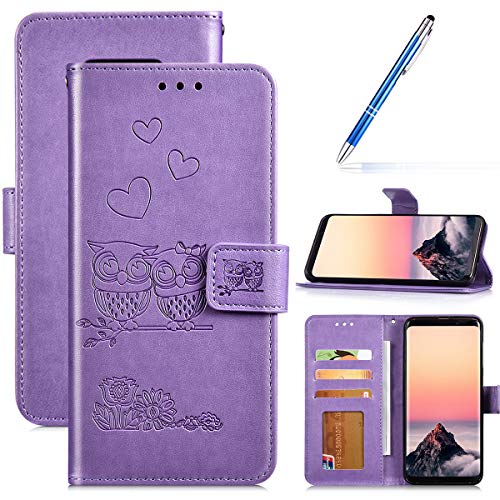 Robinsoni Case Compatible with Samsung Galaxy S8 Phone Case Wallet Galaxy S8 PU Leather Cover Shockproof Kickstand Case Flip Notebook Style Phone Cover Heavy Duty Case Hard Case Owl Printed Purple