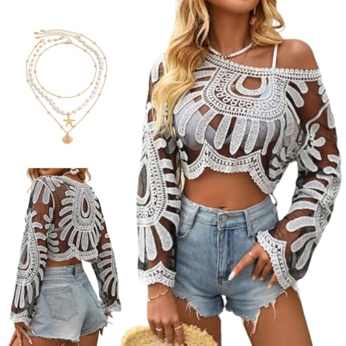 Women's Floral Embroidered Semi-Sheer Cover Up Long Sleeve Round Neck Boho Lace Top，Women Sheer Beach Coverup，Mesh Design(Black and White)