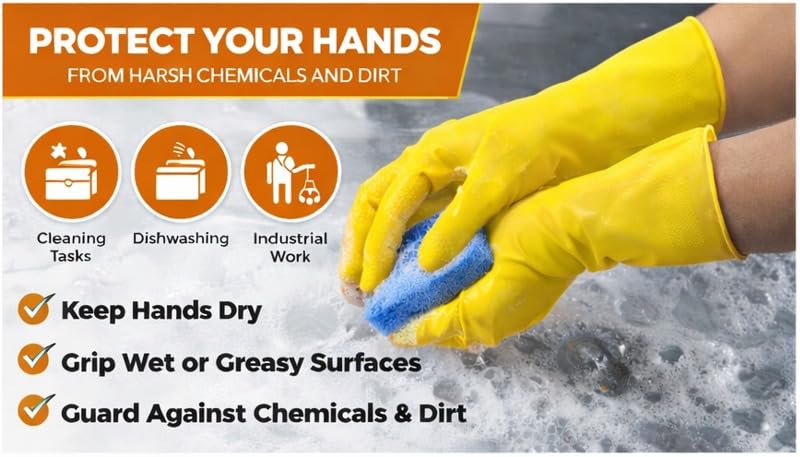 Image of LADWA Premium Rubber Household Cleaning Gloves, Yellow and Red Color Reusable Waterproof Gloves for Kitchen Cleaning, Dishwashing, Gardening and Bathroom Use with Strong Grip (Pack of 10 Pairs)