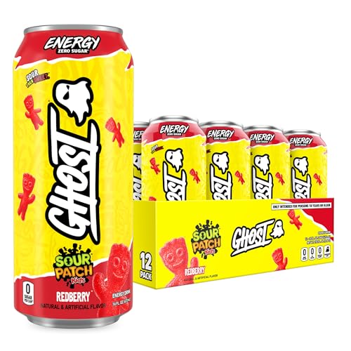 GHOST Energy Drink - 12-Pack, Sour Patch Kids Redberry, 16oz - Energy & Focus & No Artificial Colors - 200mg of Natural Caffeine, L-Carnitine & Taurine - Gluten-Free & Vegan