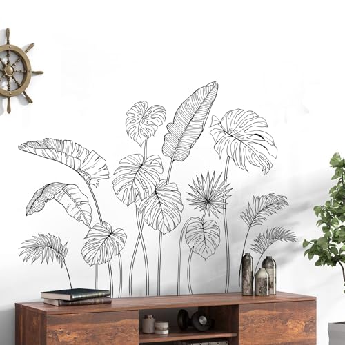 Supzone Wandtattoo Schwarze Tropische Pflanzen Wandaufkleber Skizze von Palmblättern Wandsticker für Wohnzimmer Schlafzimmer Badezimmer Sofa TV Hintergrund Wanddeko