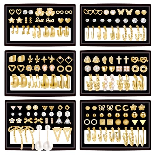 82 Pairs Gold Earrings for Women Trendy, Pearl Bow Small Hoop Stud Earrings Pack, Earring Set Multiple Piercing for Birthday Party Gift