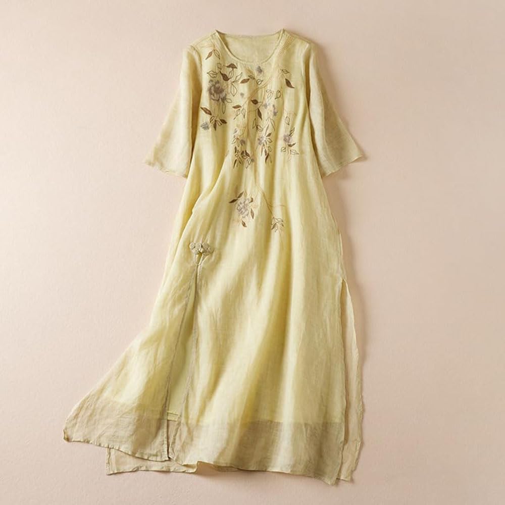 Vestido Largo de Lino y algodón con Bordado Floral para Mujer, vestidoes Fluido de Verano con Media Manga y Cuello Redondo, Vestido Bohemio de Lino y algodón, Manga Larga para invitada de Boda.