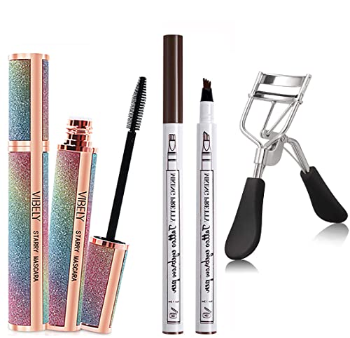 4D Silk Fiber Mascara for Longer, Voluminous Eyelashes,Natural Waterproof Smudge-Proof, With Eyelash Curler Thicker,All Day Exquisitely Long, Smudge-Proof Eyelashes 3 styles (Black/Brown/ Eyelashes)