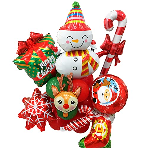 Christmas Balloons Xmas Party Decoration 19 PCS Large Christmas Snowman Moose Snowflake ChristmasCane ChristmasBoots Foil Balloons Red Green Latex Balloon Set christmas Party Supplies