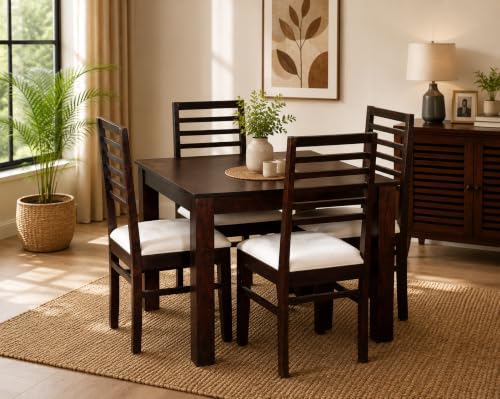 Image of JEENWOOD Solid Wood Dining Table 4 Seater | Dinning Table with 4 Chairs Including Cushions | Dining Room Furniture | Sheesham Wood, Mahogany Finish
