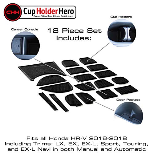 Cupholderhero Fits Honda Hrv Accessories 2016-2022 Premium Custom Interior Non-Slip Anti Dust Cup Holder Inserts, Center Console Liner Mats, Door Pocket Liners 22-Pc Set (Solid Black) #TOP2