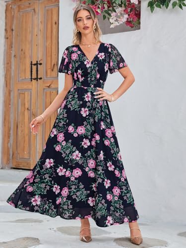 Image of Simplee Women's Boho Floral Maxi Dress Flowy Casual V Neck Short Sleeve Wedding Guest Holiday Beach Long Dress