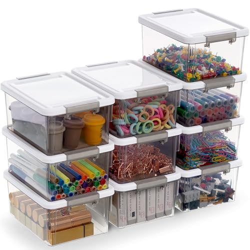 Image of Citylife 1.32 QT 10 Pack Small Storage Bins Plastic Storage Container Stackable Box with Lids for Organizing, Clear Grey.