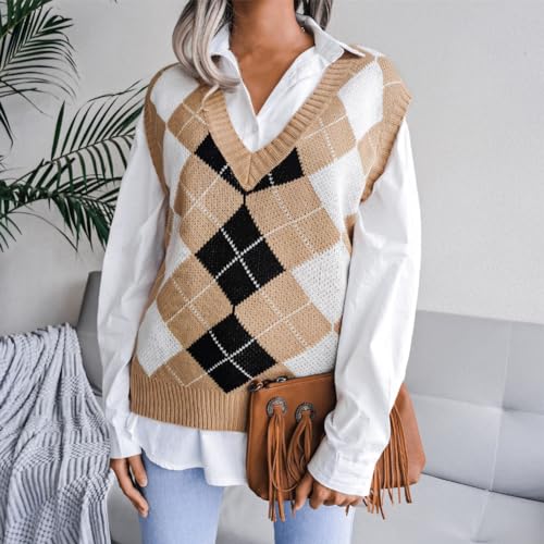Image of Women's V Neck Knit Sweater Vest Plaid Sleeveless Crop Knitwear Tank Pullover Top