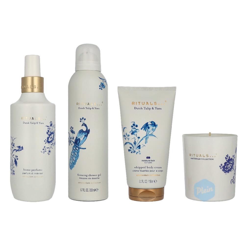 Rituals Amsterdam Collection Geschenkset L, Dutch Tulip & Yuzu, 4-teilig mit Shower Gel, Body Cream, Candle und Home Perfume, Delfter Blau Design